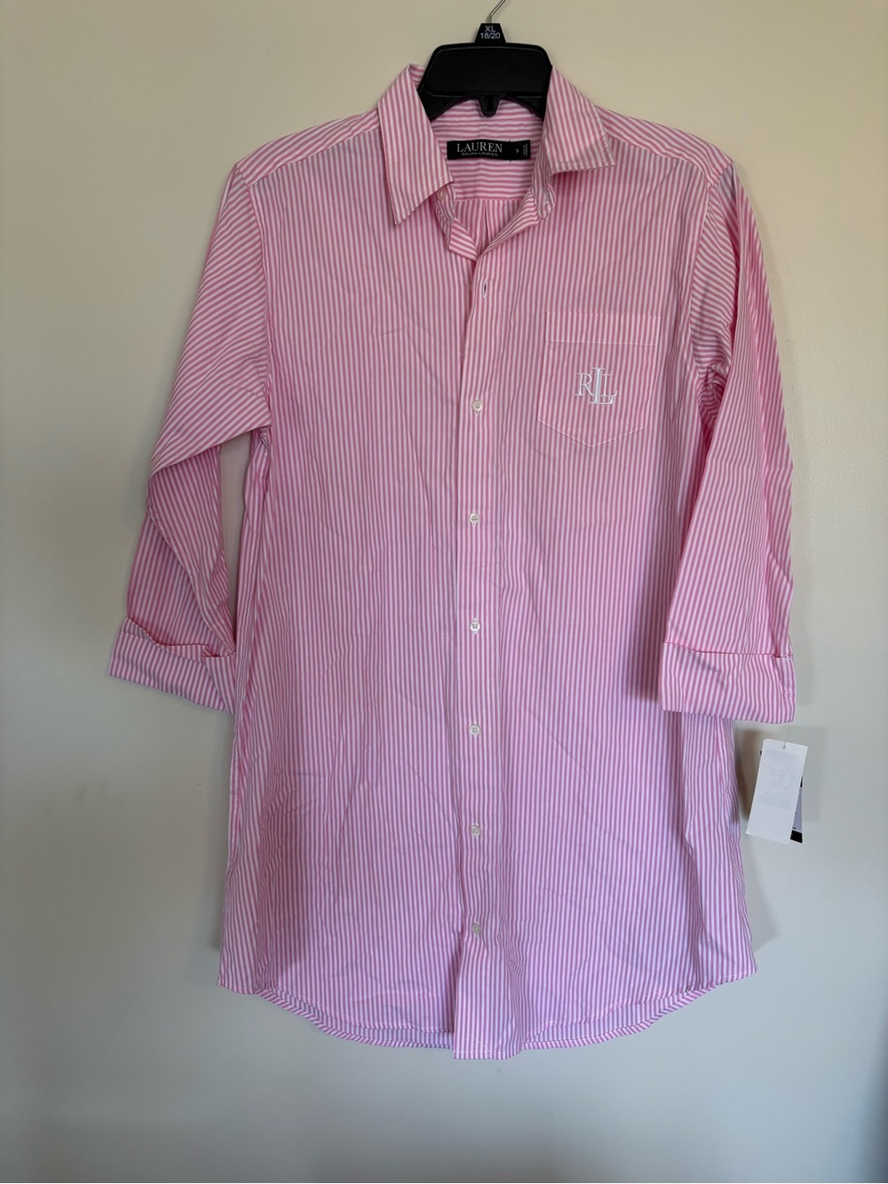 NWT Lauren Ralph Lauren Pink White Stripe Button Front Sleep Shirt Small